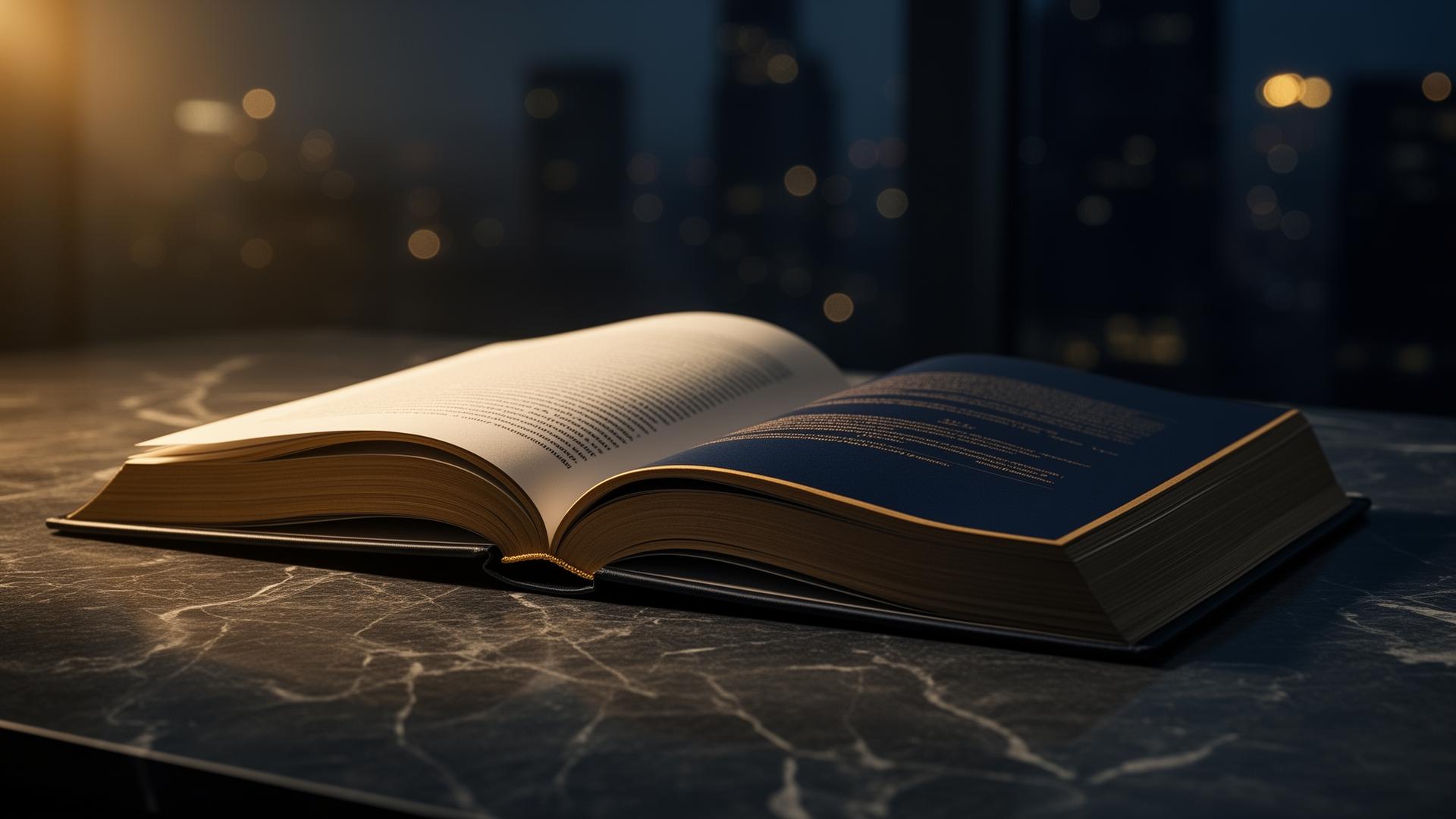 Livro aberto sobre superfície de mármore com vista de cidade ao fundo